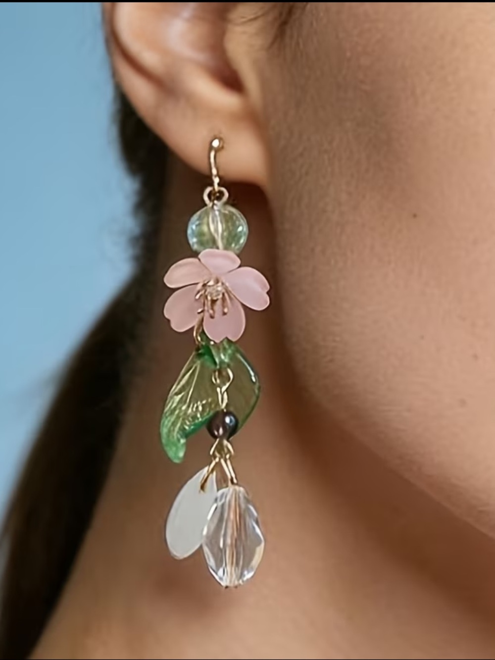 Delicate Pink Flower & Green Leaf Drop Earrings